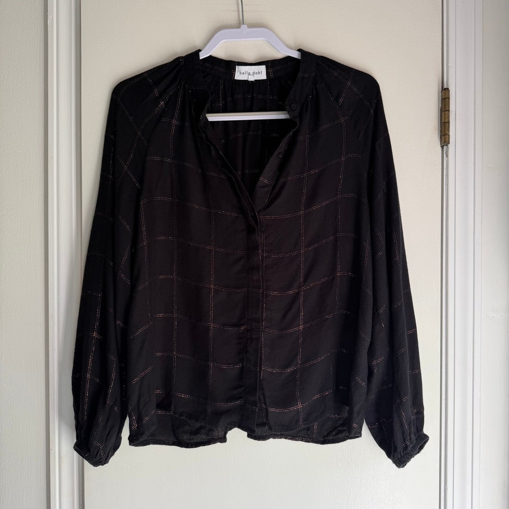 Bella Dahl Black Rose Gold Metallic Grid Button Down Blouse Top B4988-F61-304 M